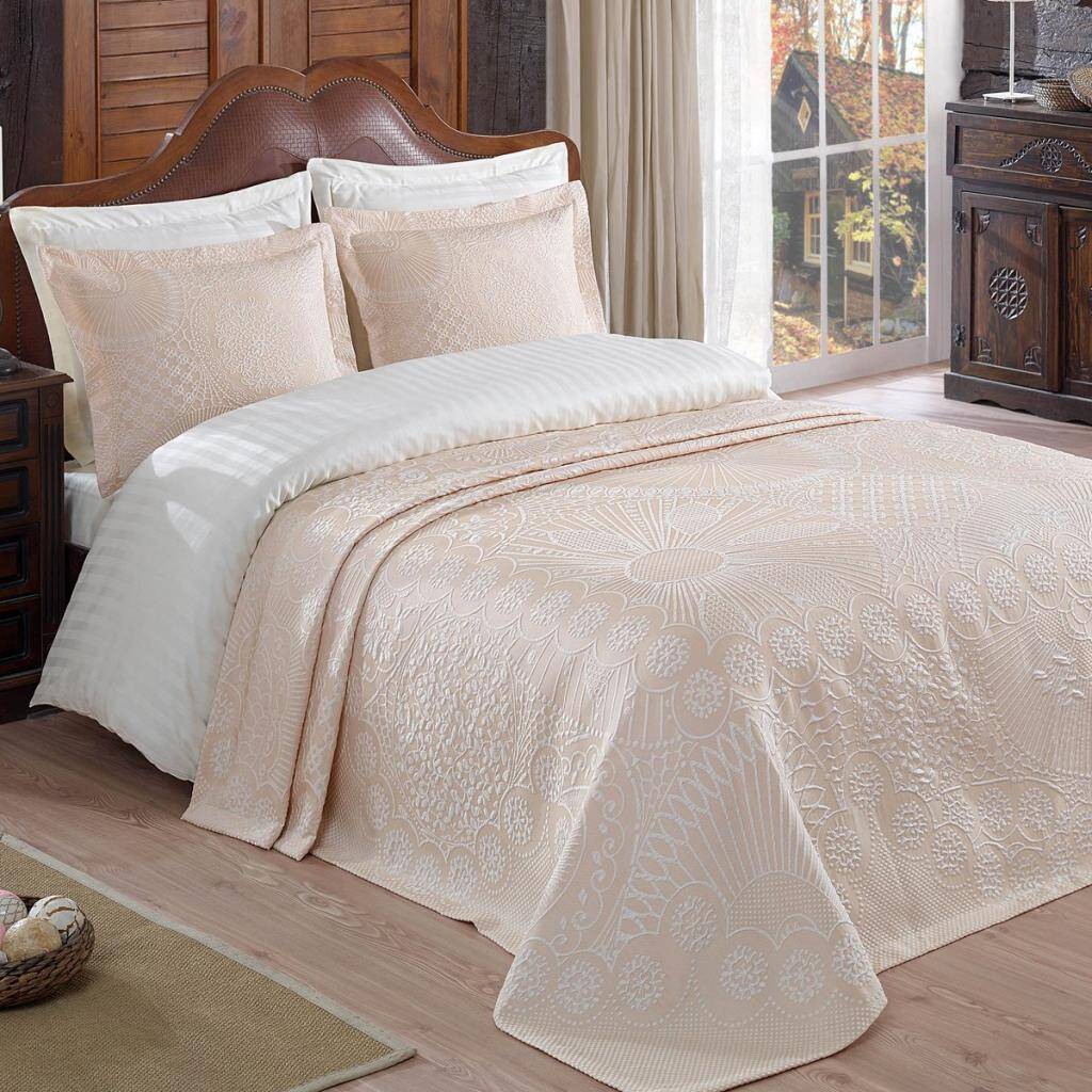 Maxstyle Jakarlı Pano Lucia Krem Çift Kişilik Yatak Örtüsü - Maxstyle