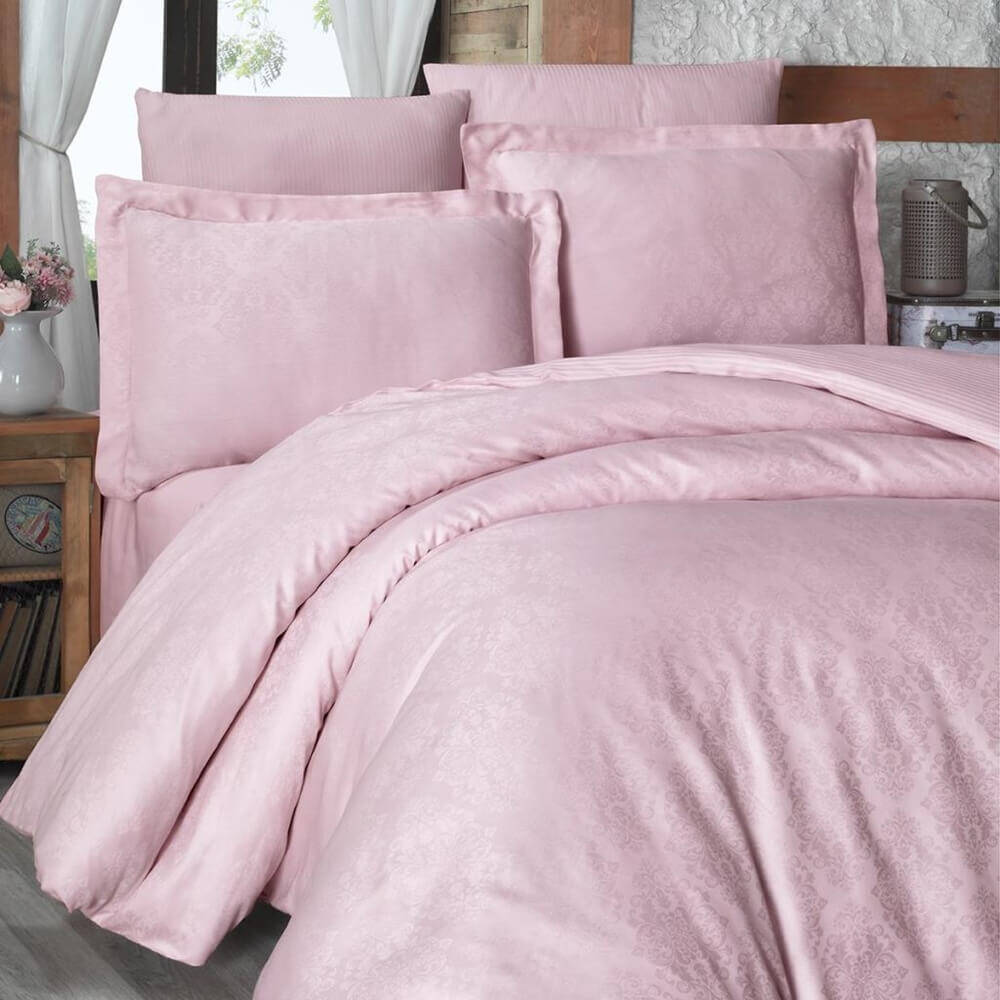Maxstyle Jakarlı Saten Ornament Pudra Çift Kişilik Nevresim Takımı 220x240 cm - Maxstyle