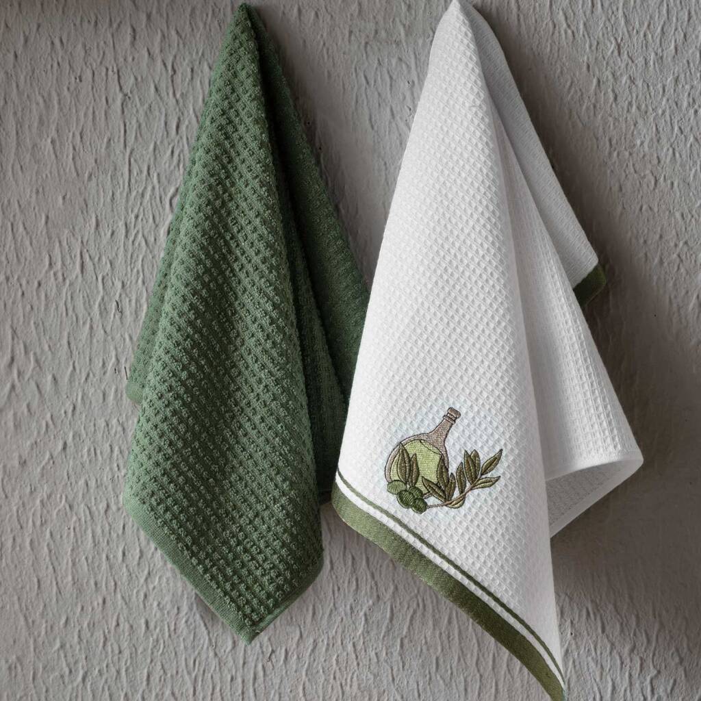 Maxstyle Pamuk Mutfak Havlusu Zeytin Yaği 2'Li Beyaz-Yeşil 40x60 - Maxstyle