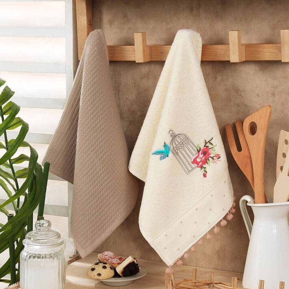 Maxstyle Ponponlu Mutfak Havlusu 2'Li Krem 30x50 - Maxstyle